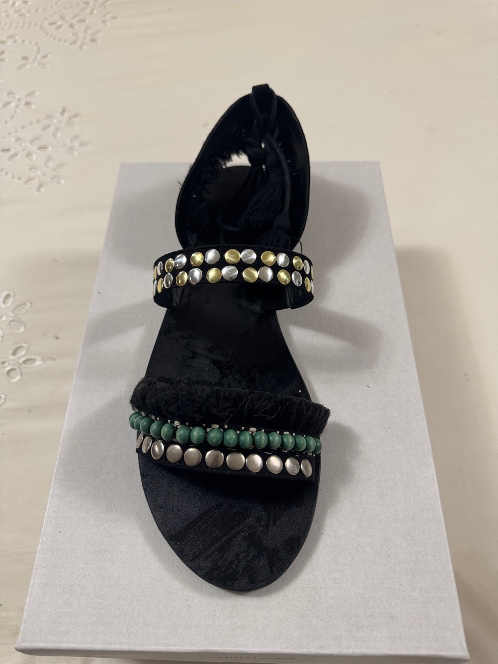 Universal Thread Black Sandal with Green Bead and Silver Stud Accents